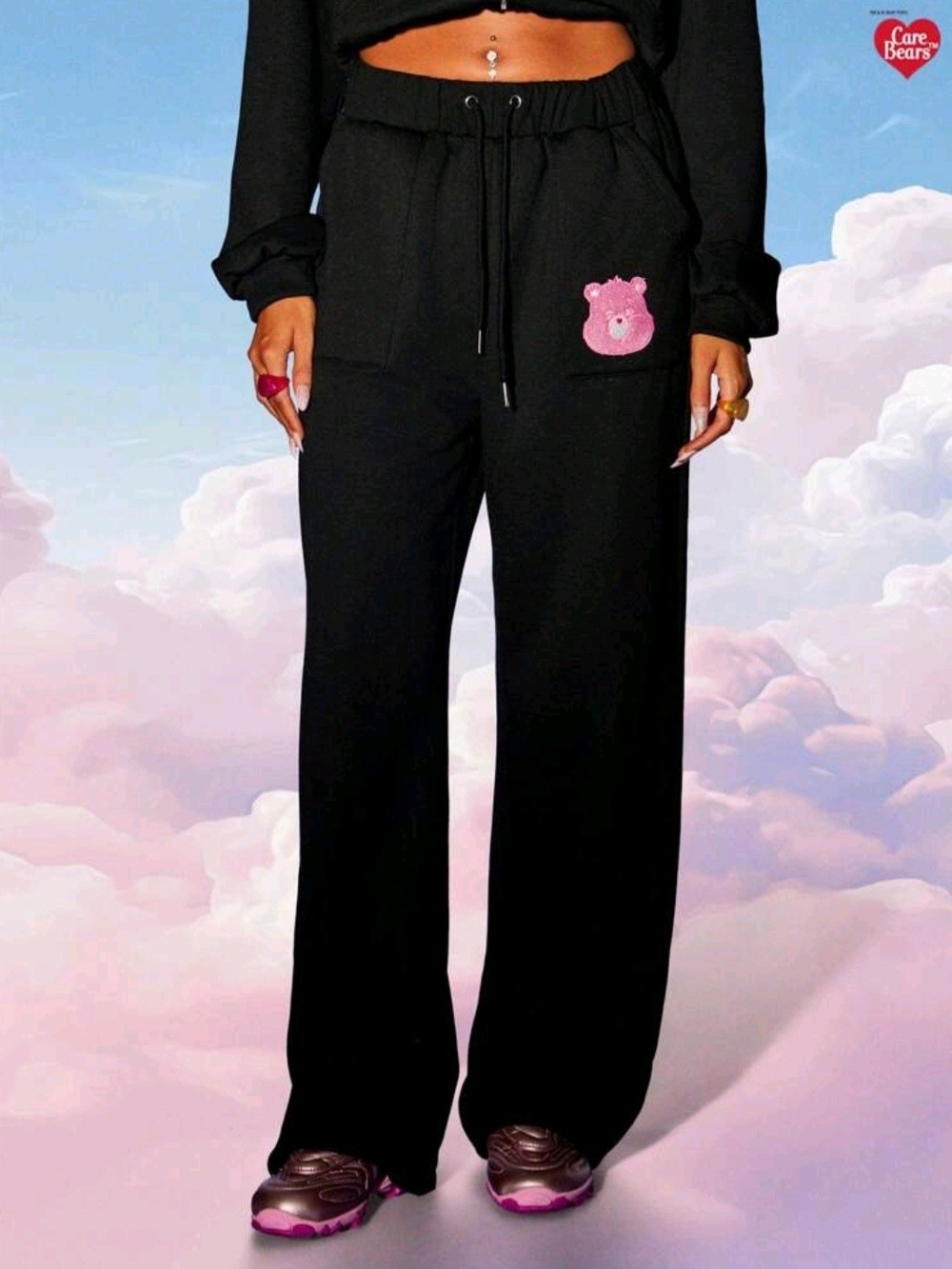 Care Bears Black Wide-Leg Sweatpants with Pink Bear Patch